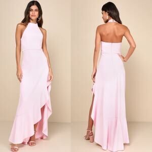 NWT Lulus Majestic Perfection Light Pink Ruffled Halter Maxi Dress Bride Size S